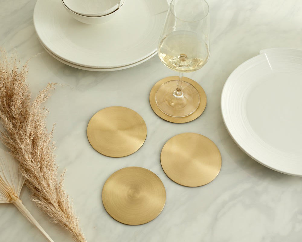 Ivy Brass Coasters – Set of 4 Brass Gold Round Drink Coasters-4