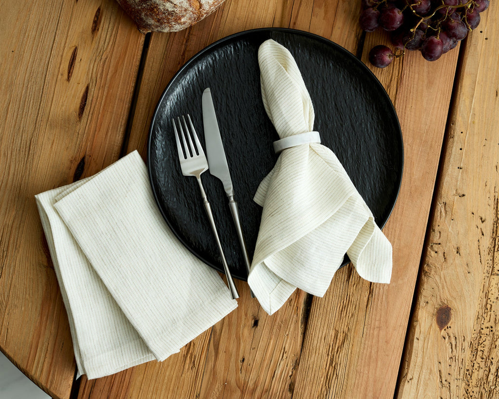 Beaune Linen Table Napkin White with Lines Pattern Set-0