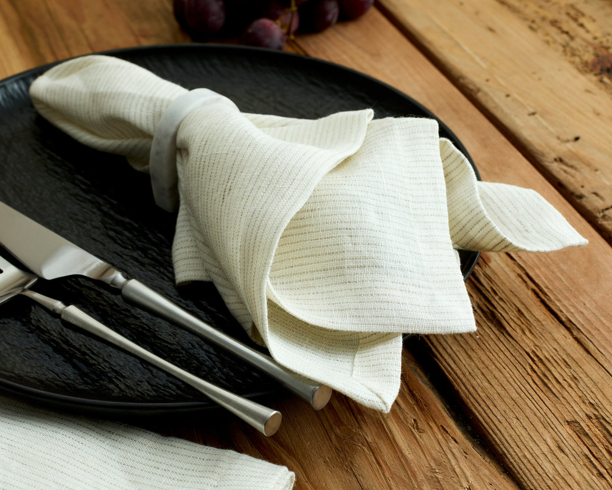 Beaune Linen Table Napkin White with Lines Pattern Set-2