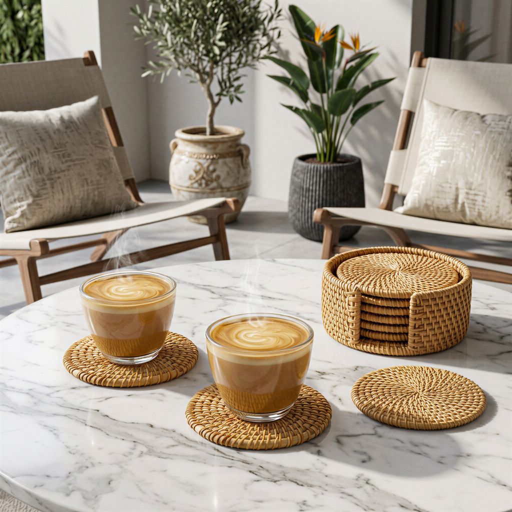 Handmade Natural Rattan Coaster Set (6 Piece + Holder) • Natural Honey-1