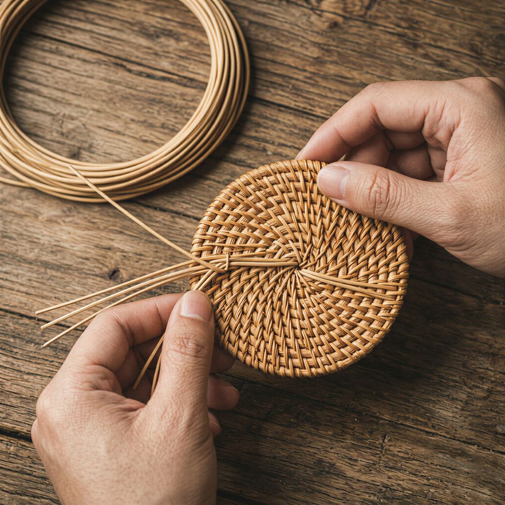 Handmade Natural Rattan Coaster Set (6 Piece + Holder) • Natural Honey-2