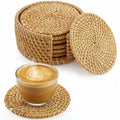 Handmade Natural Rattan Coaster Set (6 Piece + Holder) • Natural Honey-0