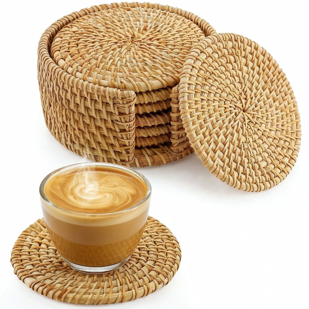Handmade Natural Rattan Coaster Set (6 Piece + Holder) • Natural Honey-0