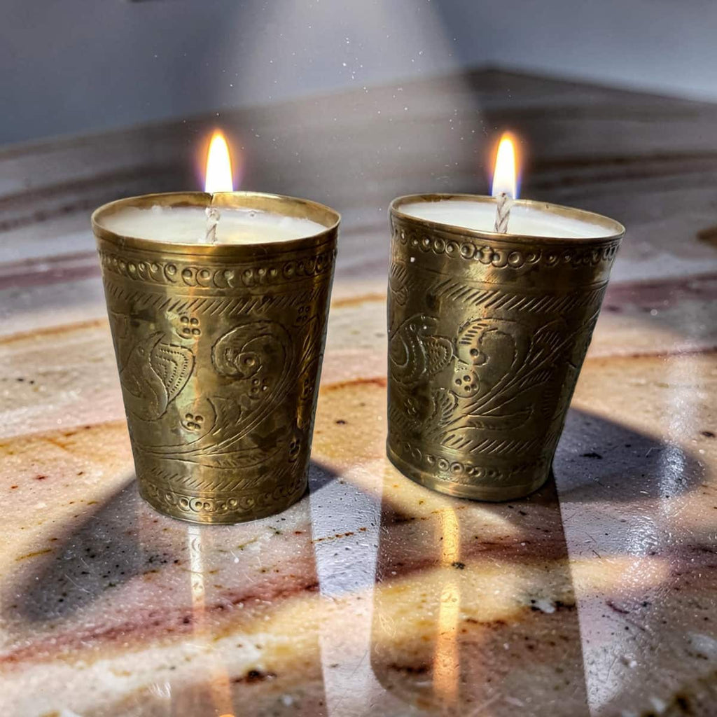 Repurposed Brass Shot Glass Candle Set-1
