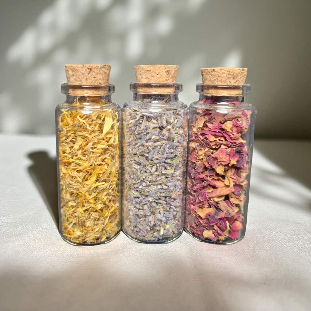 Mini Botanical Vial Trio – Lavender, Rose & Chamomile Petals
