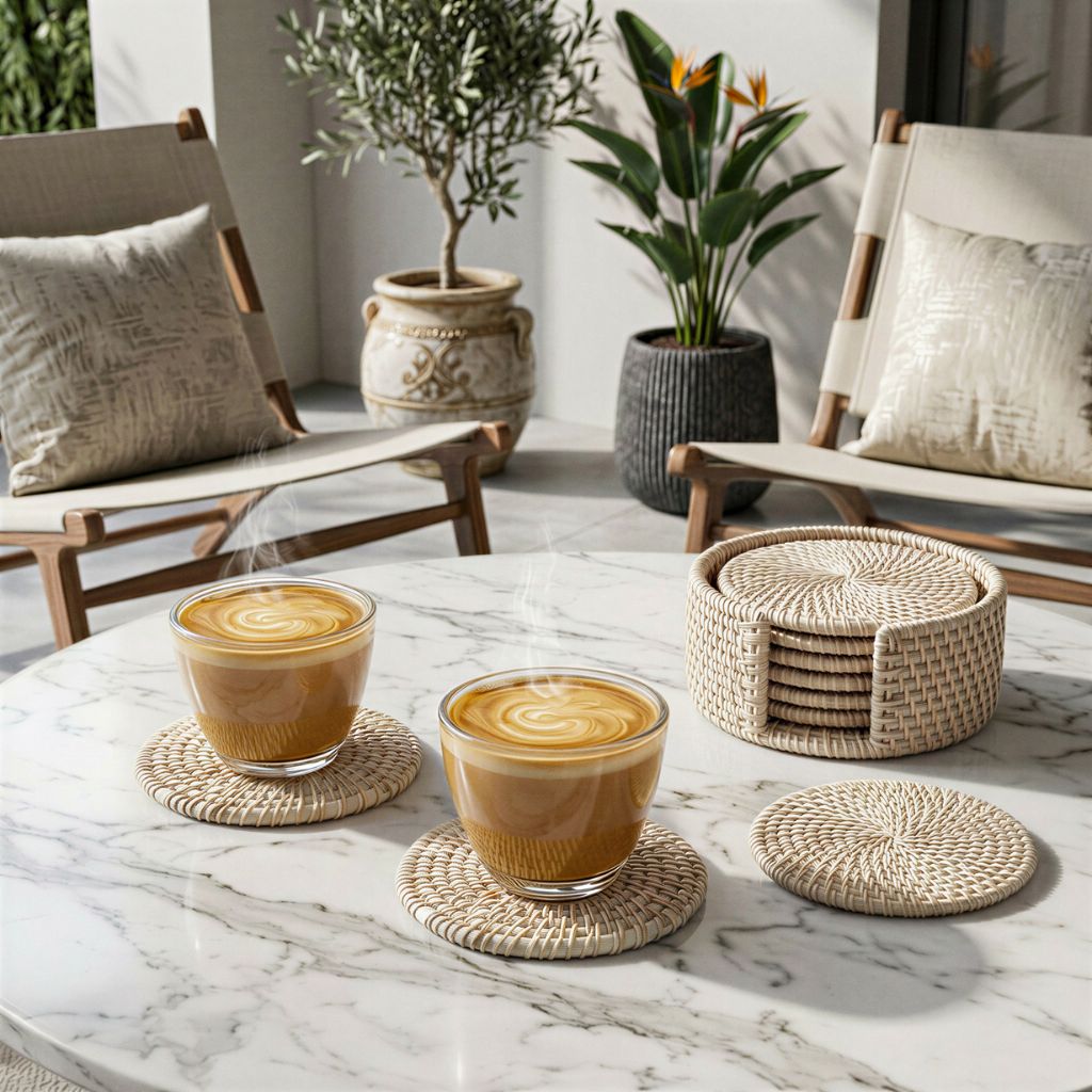 Handmade Natural Rattan Coaster Set (6 Piece + Holder) • Whitewash-1