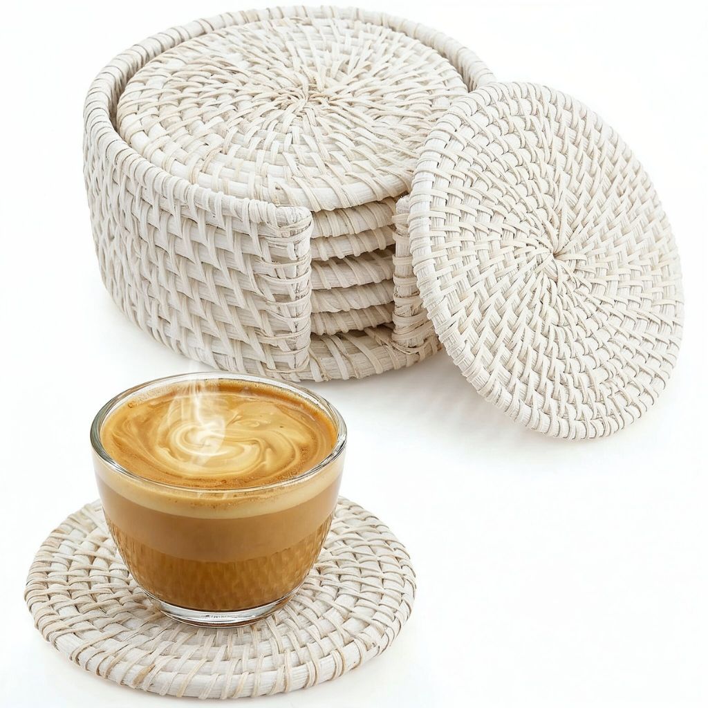 Handmade Natural Rattan Coaster Set (6 Piece + Holder) • Whitewash-0